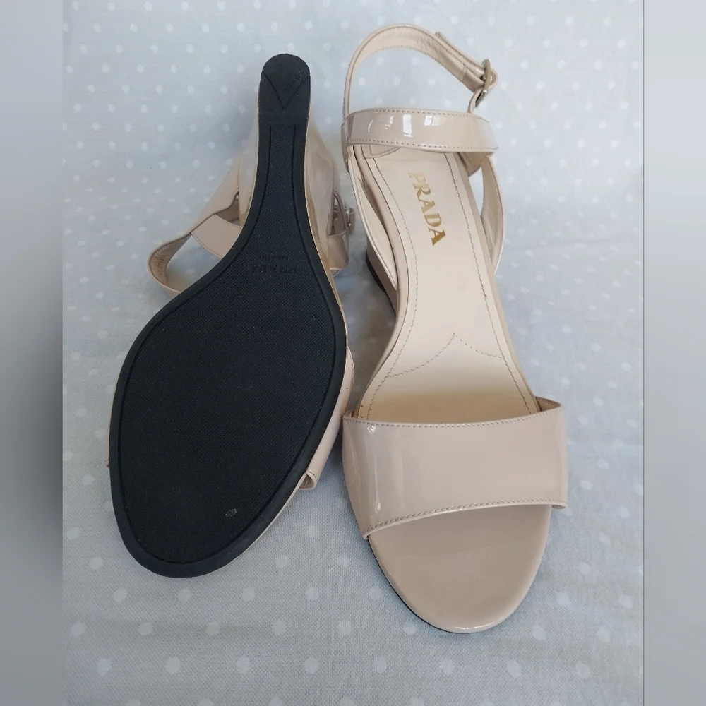 Prada Nude Patent Leather Ankle Slingback Wedge Sandals - Picture 10 of 12